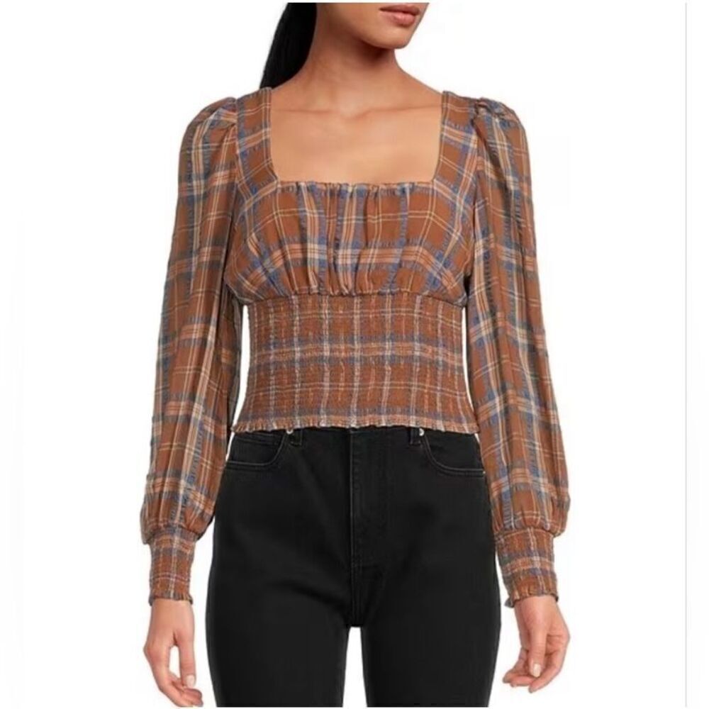 Gianni Bini Faye Plaid Smocked Square Neck Long Sleeve Blouse | 12
